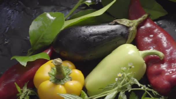 Close-up, Vista superior, Legumes frescos em gotas de água na mesa da cozinha — Vídeo de Stock