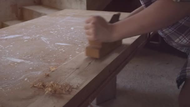 A menina no trabalho em uma oficina de carpintaria, com uma plaina de mão. Close-up — Vídeo de Stock