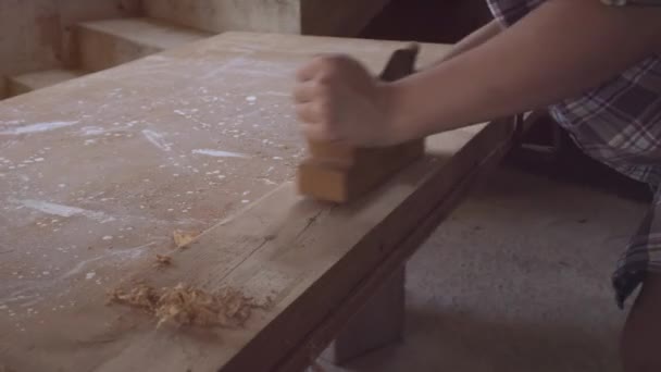 La fille au travail dans un atelier de menuiserie, avec une raboteuse à main. Gros plan — Video