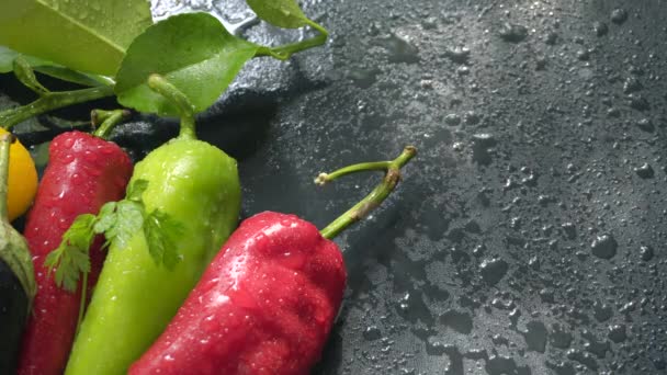 Groenten, aubergine en peper op een donker oppervlak in druppels water — Stockvideo