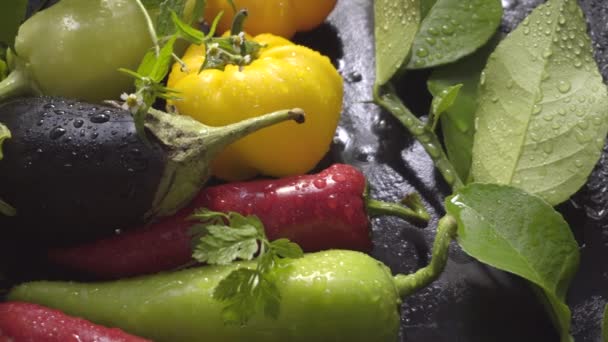 Zelenina, lilek a paprika na tmavý podklad v kapky vody