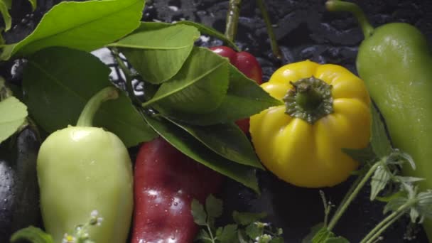 Sebze, patlıcan ve biber su damlaları karanlık bir yüzey üzerinde — Stok video