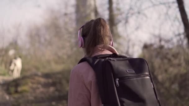 Chica con un perro en el bosque de otoño — Vídeos de Stock