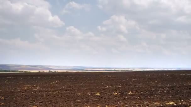 Shooting from a moving car on a dirt road through a plowed field — Stock Video