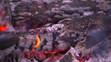 Yakın plan bir barbeküde odun ve kömür yakma