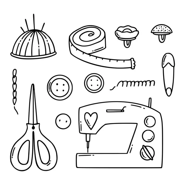 Iconos de coser y tejer a mano alzada. Ilustración dibujada a mano de elementos de diseño de contorno plano . — Vector de stock