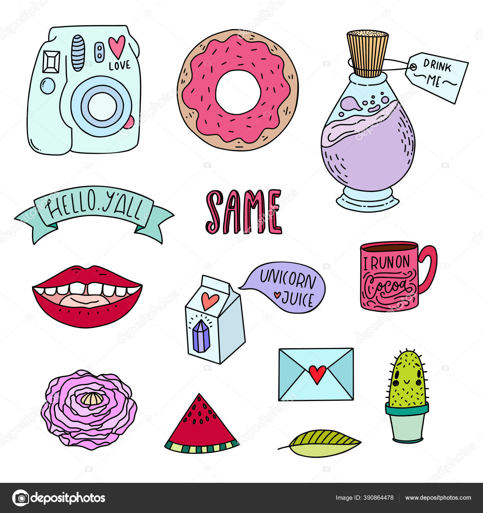 Vector Set of Cute Funny Patches and Stickers in 90s Style.Modern