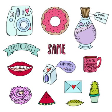 Set of hand-drawn cute modern stickers. Lovely simple illustrations. Fashion patch badges, pins, patches in cartoon 80s-90s comic style. clipart