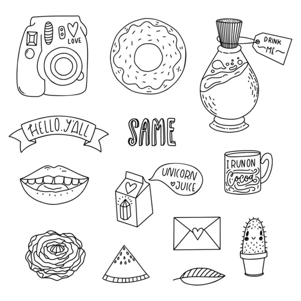 Conjunto Pegatinas Modernas Dibujadas Mano Encantadoras Ilustraciones Simples Insignias Parche — Vector de stock