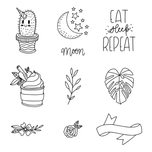 Ensemble Stickers Modernes Mignons Dessinés Main Jolies Illustrations Simples Insignes — Image vectorielle