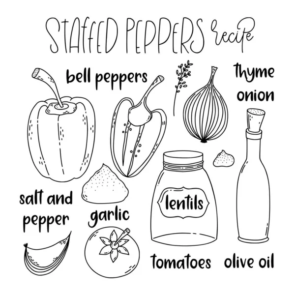 Γεμιστές Πιπεριές Ζωγραφίζει Στο Χέρι Vegan Συνταγή Φακές Και Πιπεριές — Διανυσματικό Αρχείο