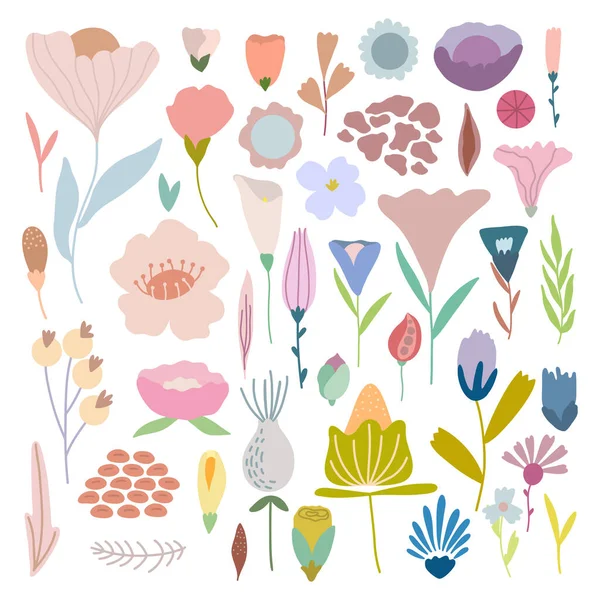 Lot de fleurs et plantes vectorielles pastel simples dessinées à la main. — Image vectorielle