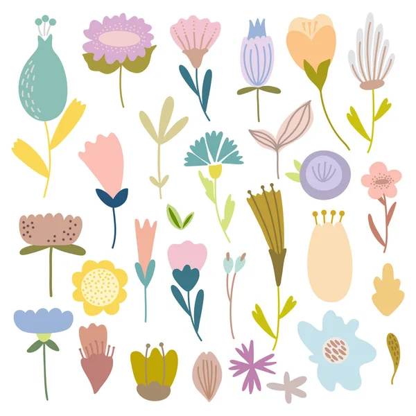 Paquete de flores y plantas de vectores pastel simples dibujados a mano . — Vector de stock