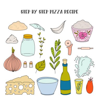 Adım adım pizza tarifiyle basit illüstrasyon.