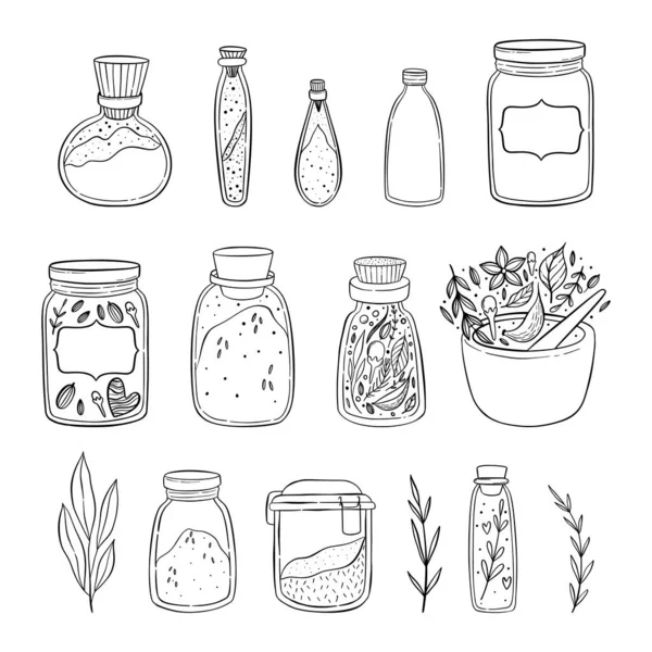 Ilustración de objetos básicos de una despensa. Especias y hierbas. Especias y granos en frascos . — Vector de stock