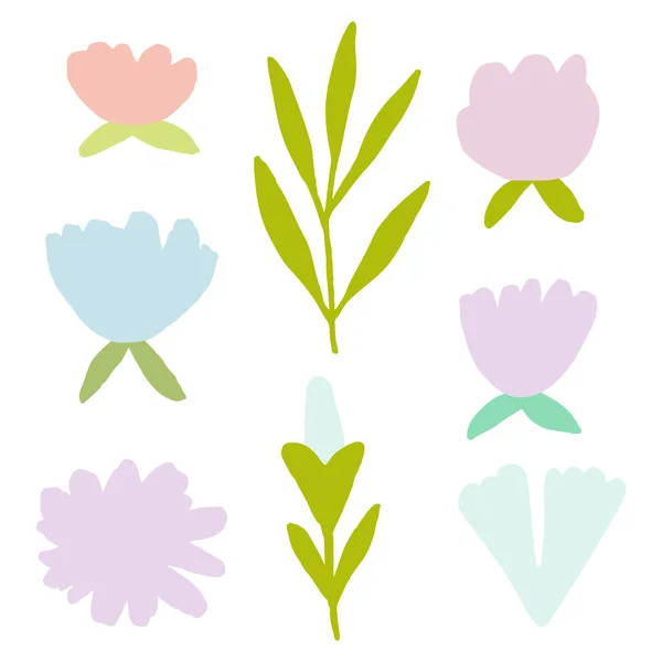Paquete de flores y plantas de vectores pastel simples dibujados a mano . — Vector de stock