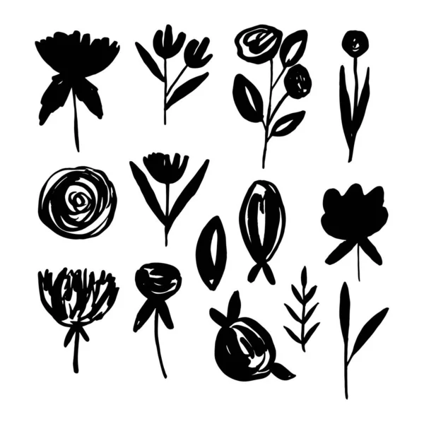 Pakket met de hand getekend eenvoudige pastel vector bloemen en planten. — Stockvector