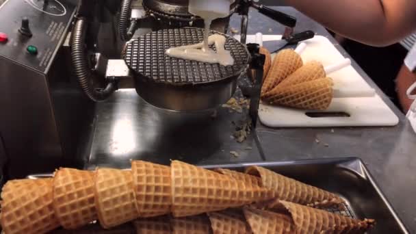 Waffle making in the cafe — Stock Video