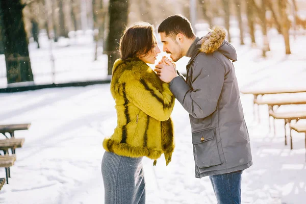 Güneşli bir kış gününde parkta yürüyen mutlu çift.