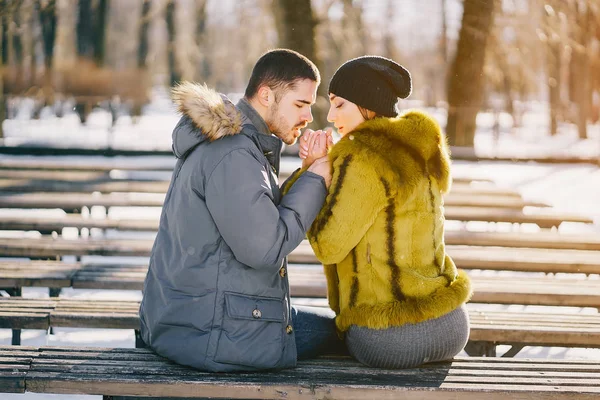 Pareja feliz caminando por el parque en un soleado día de invierno —  Fotos de Stock