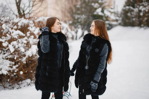 Meninas em um parque de inverno — Fotografia de Stock