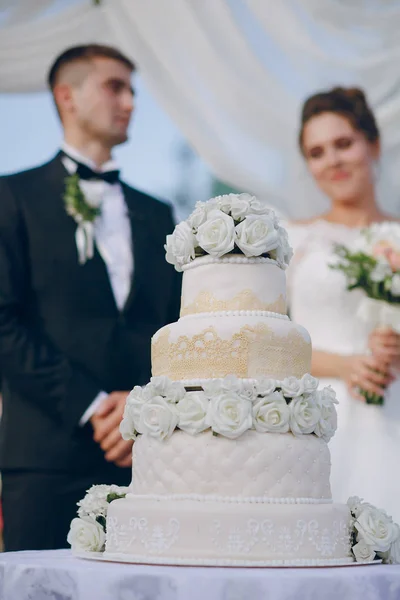 Paar mit Hochzeitstorte — Stockfoto
