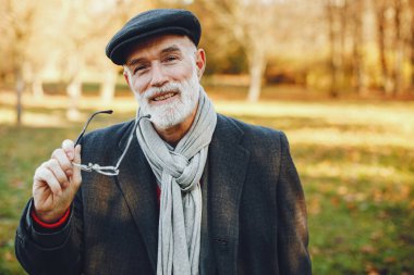 Güneşli bir sonbahar parkta zarif yaşlı adam 