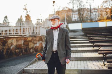 Güneşli bir sonbahar parkta zarif yaşlı adam 