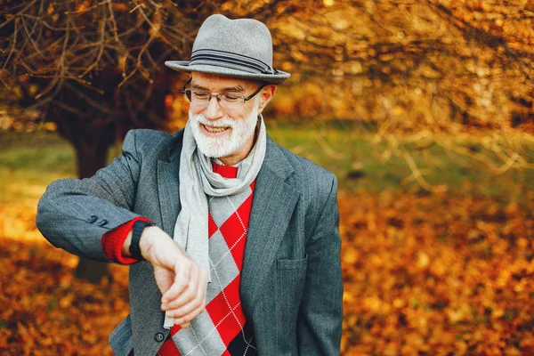 Vieil homme élégant dans un parc d'automne ensoleillé — Photo