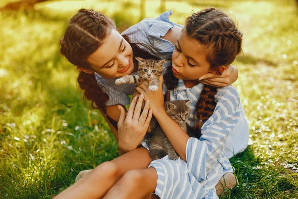 Dvě krásné dívky s kočkami — Stock fotografie