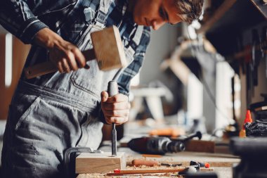 Marangoz bir ağaçla çalışır.