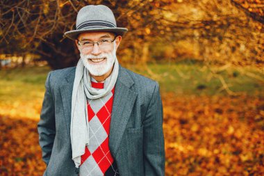 Güneşli bir sonbahar parkta zarif yaşlı adam 