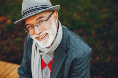 Güneşli bir sonbahar parkta zarif yaşlı adam 