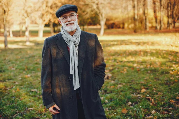 Элегантный старик в солнечном осеннем парке — стоковое фото