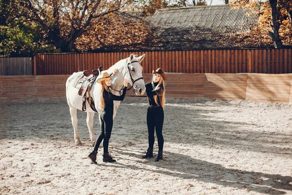 Elegáns lány egy lovat, egy tanyán — Stock Fotó