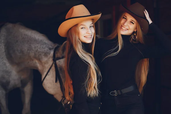 Elegant girls with a horse in a ranch — Stock Photo, Image