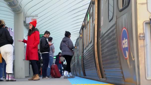 Video van trein trekken naar het station in Chicago — Stockvideo