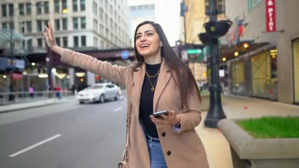 Girl hailing a cab in the city — Stock Video