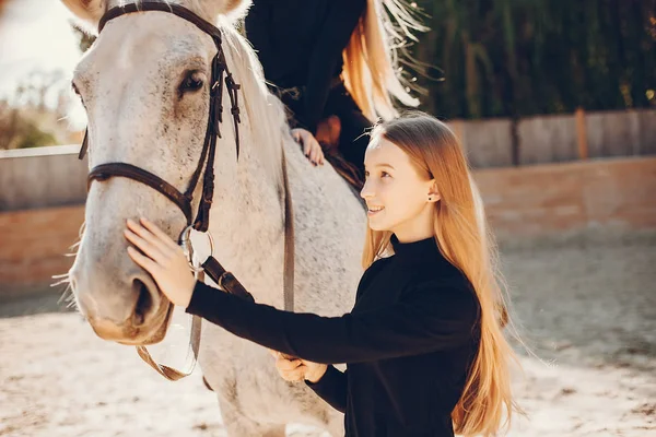 Elegant girls with a horse in a ranch — Stock Photo, Image