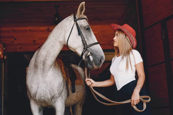 Elegantní dívka na farmě s koněm — Stock fotografie