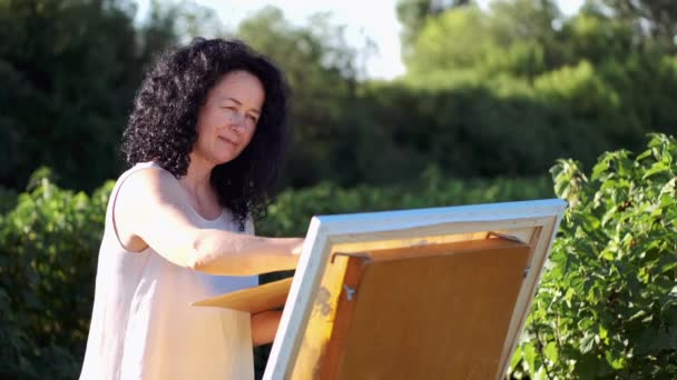 Artista donna pittura un dipinto colorato all'aperto — Video Stock