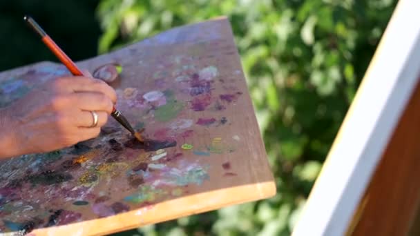 Artista femenina pintando una pintura colorida al aire libre — Vídeos de Stock