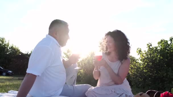 Reifes Paar bei einem Picknick-Date im Garten — Stockvideo