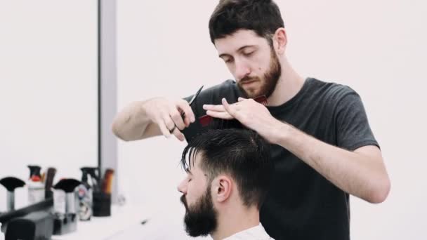 Man får en frisyr från en barberare — Stockvideo