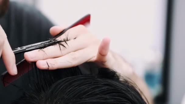 Hombre consiguiendo un corte de pelo de un barbero — Vídeos de Stock