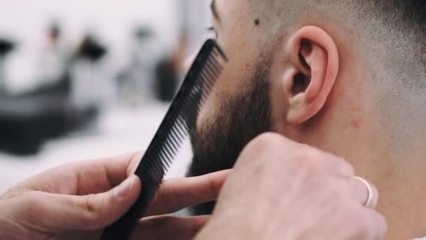 Professional businessman getting his beard trimmed by a barber — Stock Video