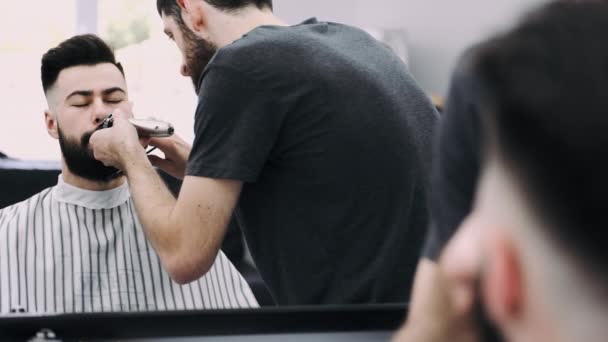 Hombre de negocios profesional recibiendo su barba recortada por un barbero — Vídeos de Stock