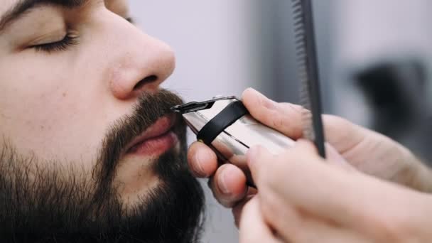 Hombre de negocios profesional recibiendo su barba recortada por un barbero — Vídeo de stock