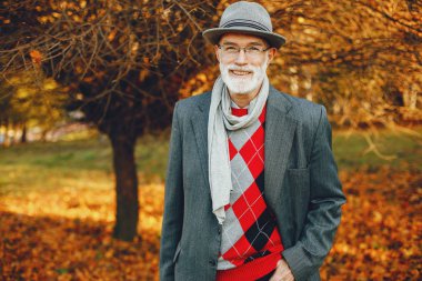 Güneşli bir sonbahar parkta zarif yaşlı adam