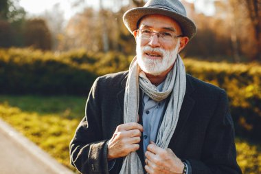 Güneşli bir sonbahar parkta zarif yaşlı adam